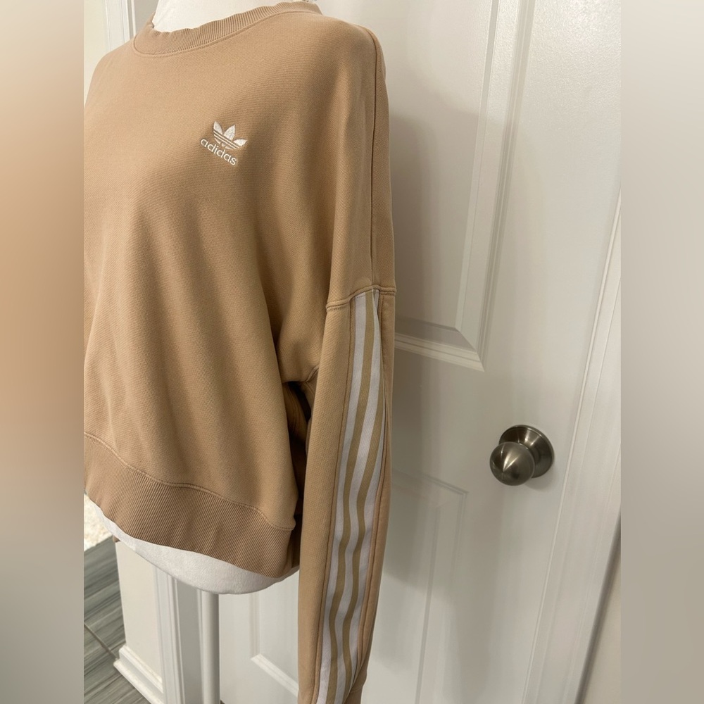 Adidas Originals Tan Cropped Crewneck Sweatshirt XL 3-Stripe - Picture 3 of 6